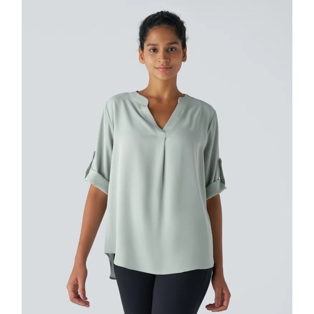 Halara Silt Green V Neck Curved Hem Blouse XL Work Office Casual NWT